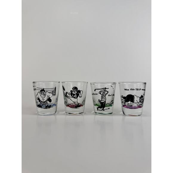 Vintage 1950s Mid Century Modern Barware Kitsch Sports Humor Shot Glass Set of 4 - Picture 1 of 7